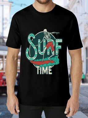 Surf Time Skeleton Graphic Tee - Black with Teal & Red Print